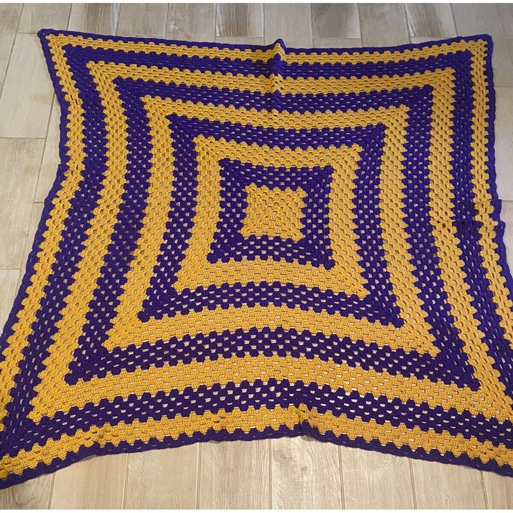 Purple and Gold  Color Scheme Granny Square Handmade Afghan 57 x 62